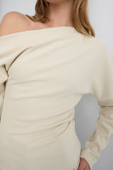 RIBBED KNIT OFF-SHOULDER DRAPED TOP