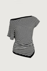 OFF SHOULDER ASYMMETRICAL STRIPE TOP
