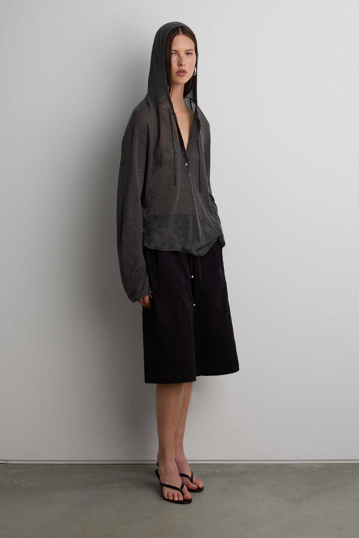 SHEER LINEN BLEND HOODIE WITH BUTTON FRONT