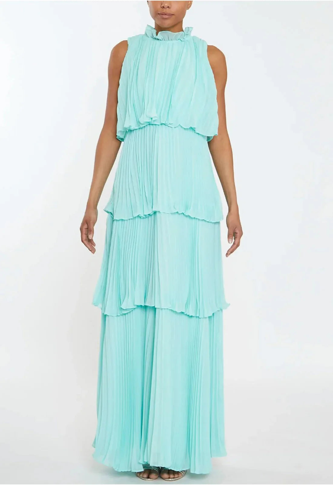 True Decadence Tara Aqua Tiered Pleated Maxi Dress with High Ruffle Neck
