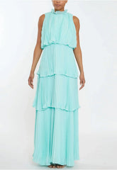 True Decadence Tara Aqua Tiered Pleated Maxi Dress with High Ruffle Neck