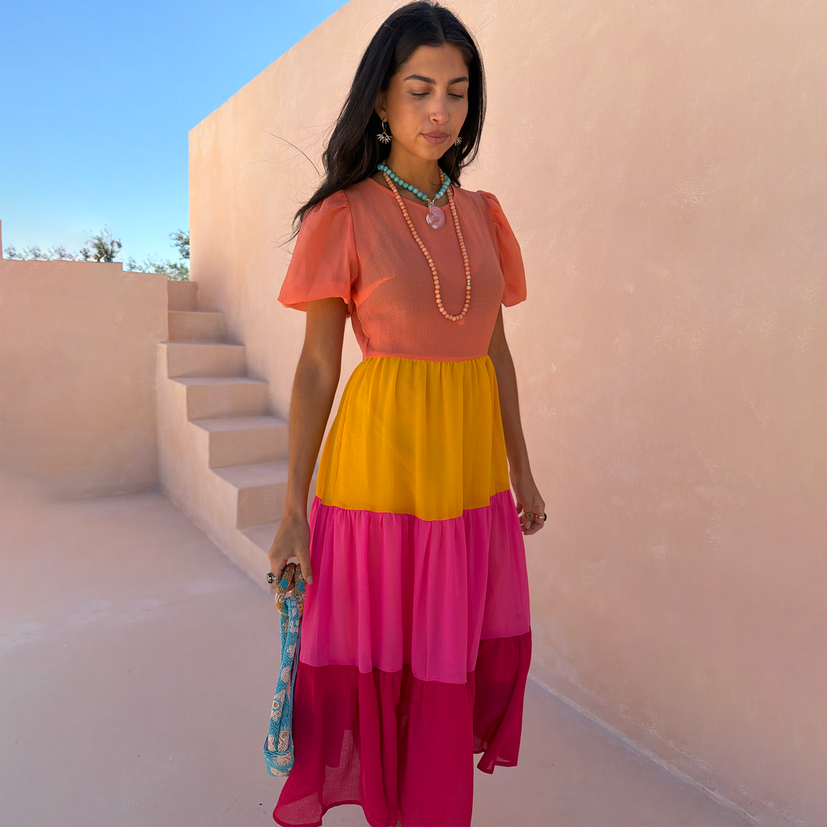 Tiered Orange and Pink Abigail Dress Petite