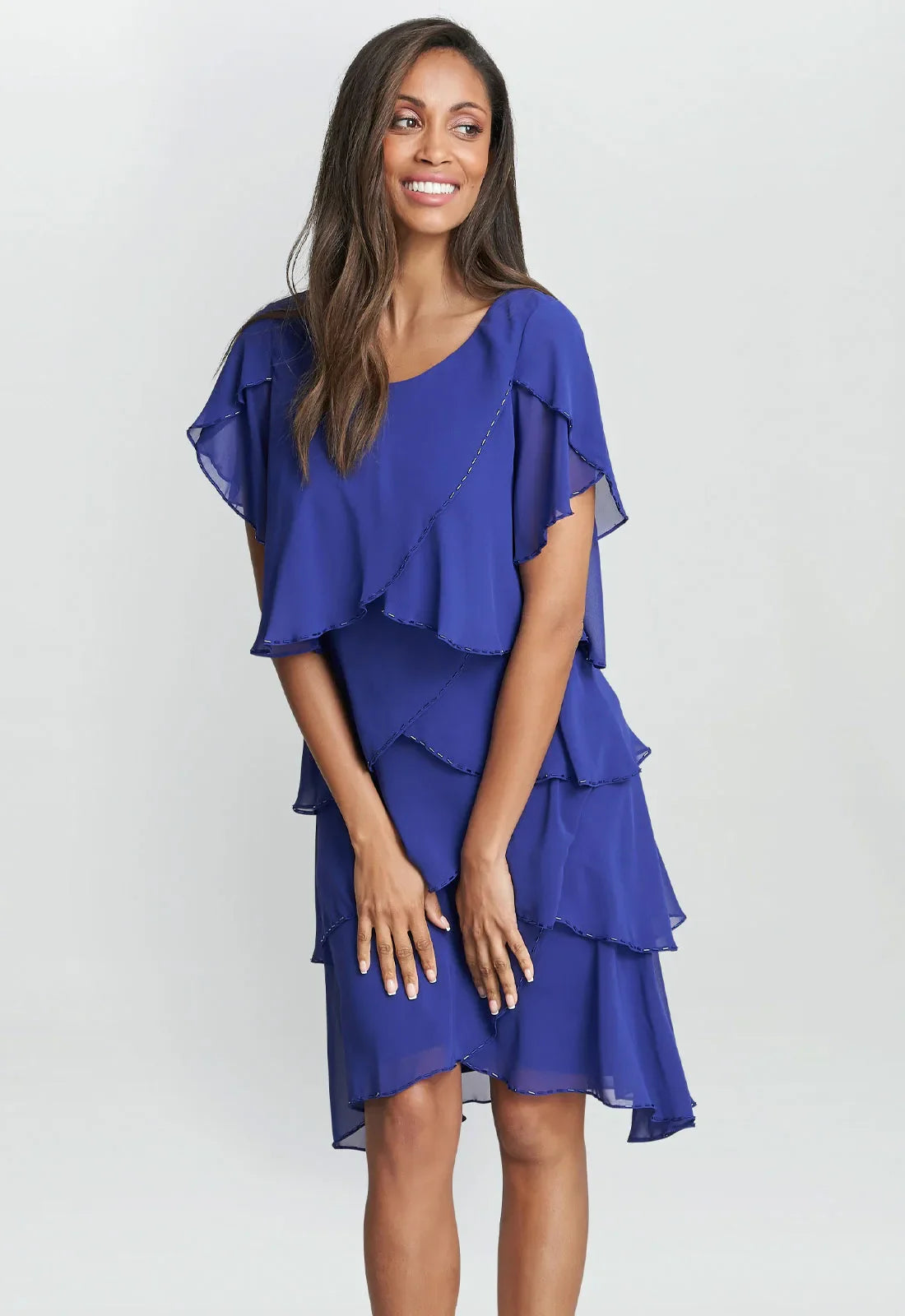 Gina Bacconi Trysta Bugle Beaded Trim Tiered Cocktail Dress With Flitter Sleeves