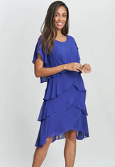 Gina Bacconi Trysta Bugle Beaded Trim Tiered Cocktail Dress With Flitter Sleeves