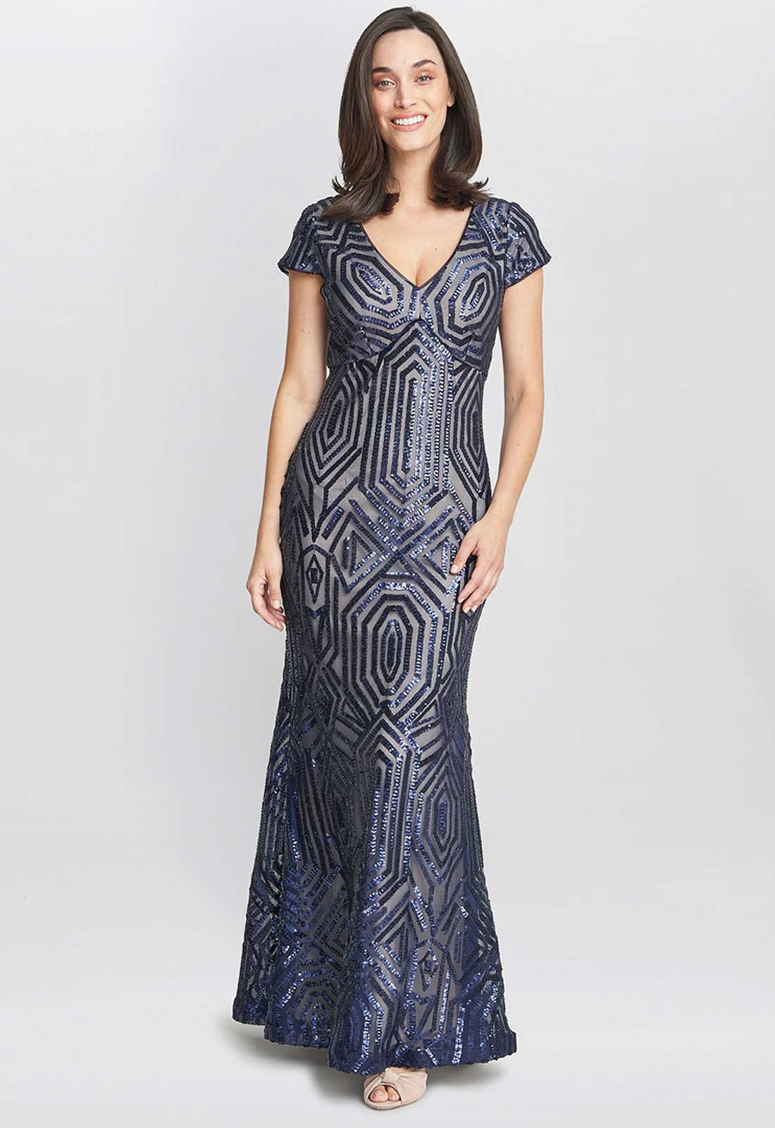 Gina Bacconi Silver Marcia Sequin Fishtail Gown