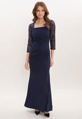 Gina Bacconi Navy Una Maxi Dress With Lace Sleeves