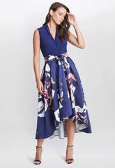 Gina Bacconi Navy Megan Sleeveless Floral High Low Dress