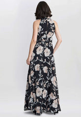 Gina Bacconi Printed Maxi Dress With Tie Neckline Detail