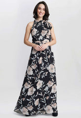 Gina Bacconi Printed Maxi Dress With Tie Neckline Detail