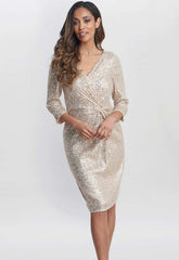 Gina Bacconi Taupe Amanda Knot Front Sequin Dress