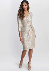 Gina Bacconi Taupe Amanda Knot Front Sequin Dress