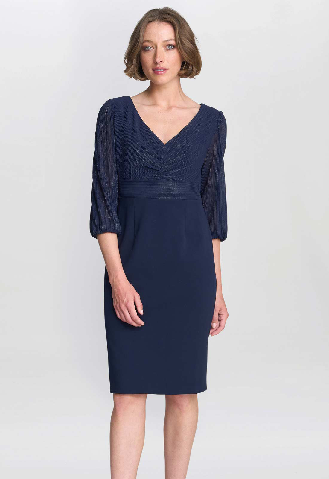 Gina Bacconi Navy Britney Metallic Pleated Bodic Dress