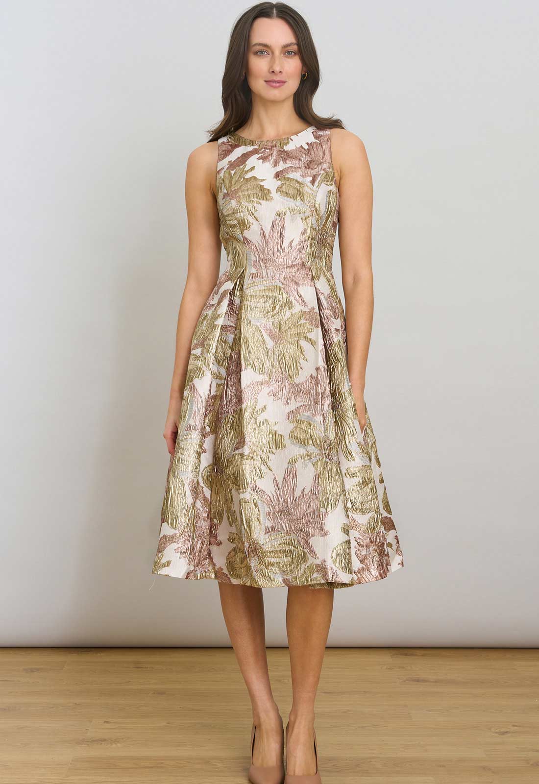 Gina Bacconi Taupe Alexandra Printed Jacuard Dress