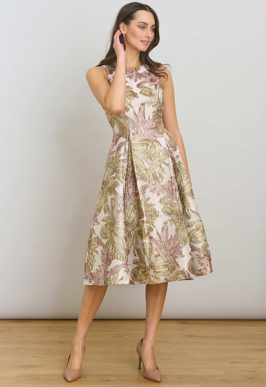 Gina Bacconi Taupe Alexandra Printed Jacuard Dress