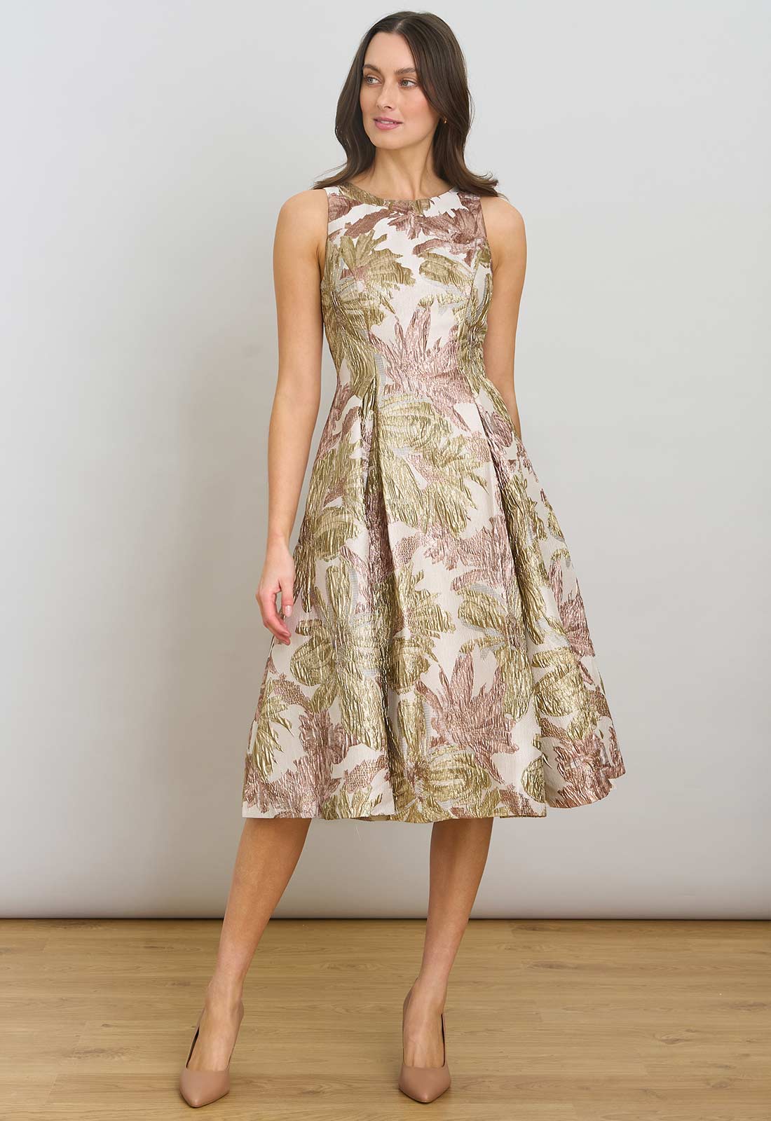 Gina Bacconi Taupe Alexandra Printed Jacuard Dress