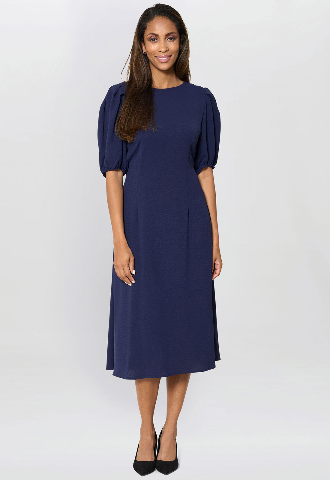 Gina Bacconi Navy Flora Puff Sleeve Midi Dress
