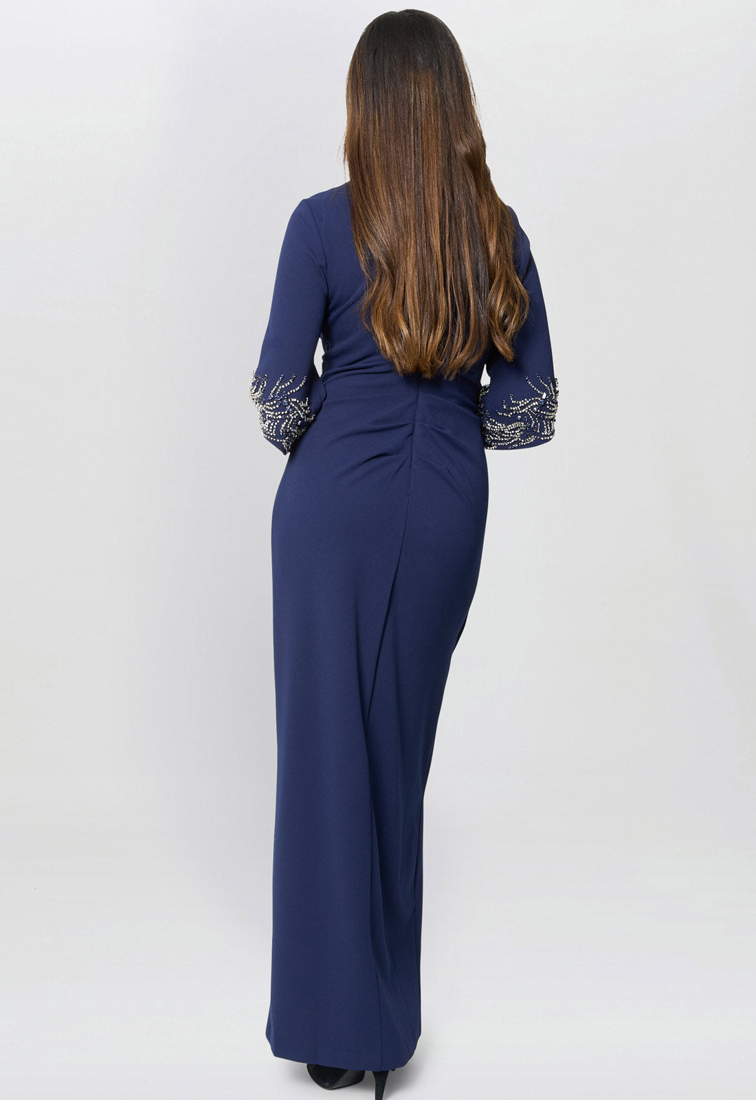 Gina Bacconi Navy Lilly Embellished Sleeve Maxi Dress