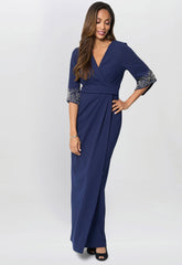 Gina Bacconi Navy Lilly Embellished Sleeve Maxi Dress