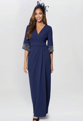 Gina Bacconi Navy Lilly Embellished Sleeve Maxi Dress