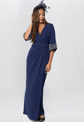 Gina Bacconi Navy Lilly Embellished Sleeve Maxi Dress