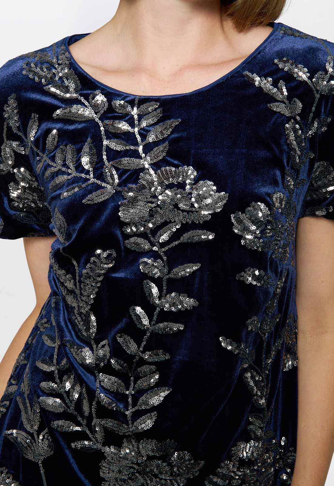 Gina Bacconi Navy Cleopatra Embroidered Velvet Dress