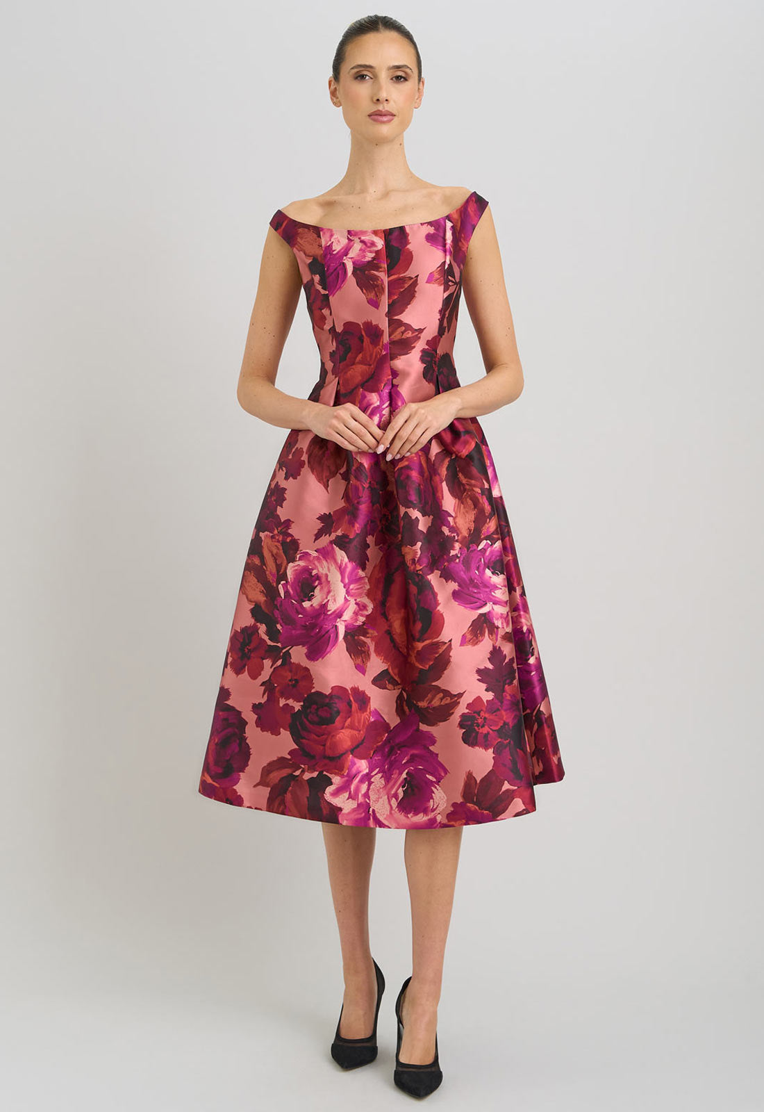 Gina Bacconi Pink Floral Talia Fit & Flare Midi Dress
