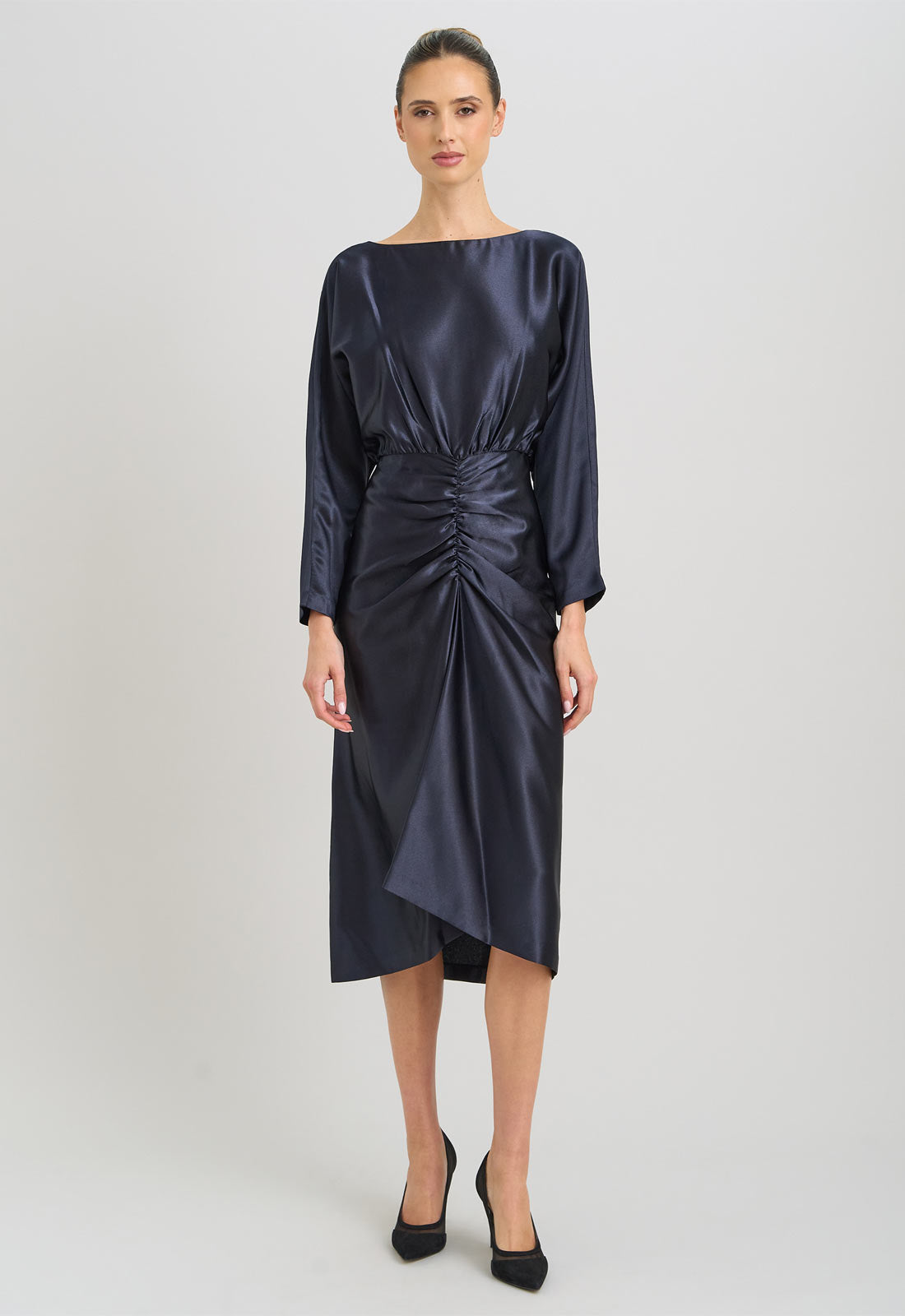Gina Bacconi Navy Tara Satin Midi Dress
