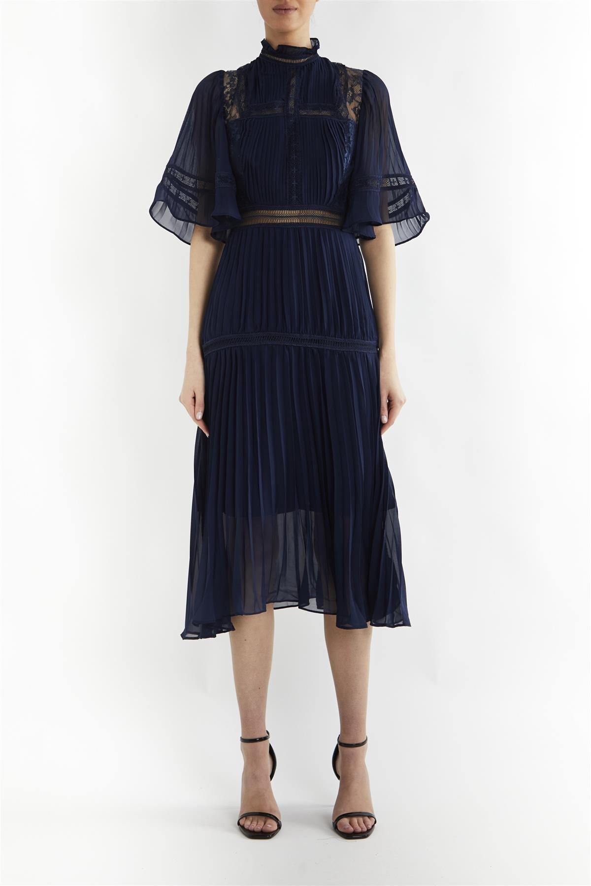 true Decadence Ellie Navy Mixed Lace Pleated Midi Dress