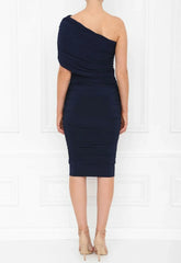 Honor Gold Navy Alice One Shoulder Ruched Midi Dress