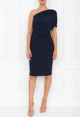 Honor Gold Navy Alice One Shoulder Ruched Midi Dress