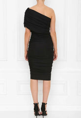 Honor Gold Alice One Shoulder Ruched Midi Dress in Black
