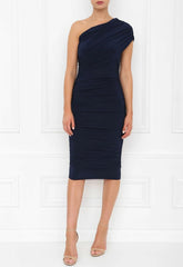 Honor Gold Navy Alice One Shoulder Ruched Midi Dress