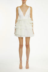 True Decadence White Gia Plunge Front Tiered Mini Dress