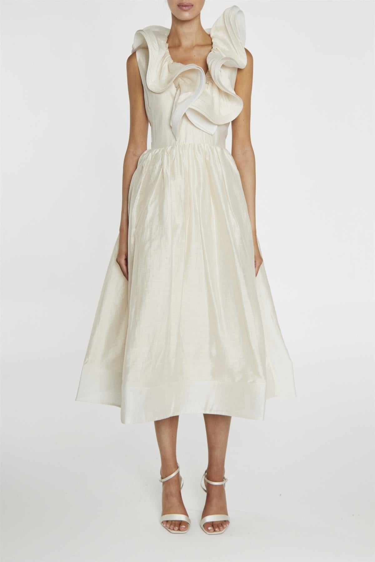 True Decadence Peyton Cream Ruffle Midi Dress