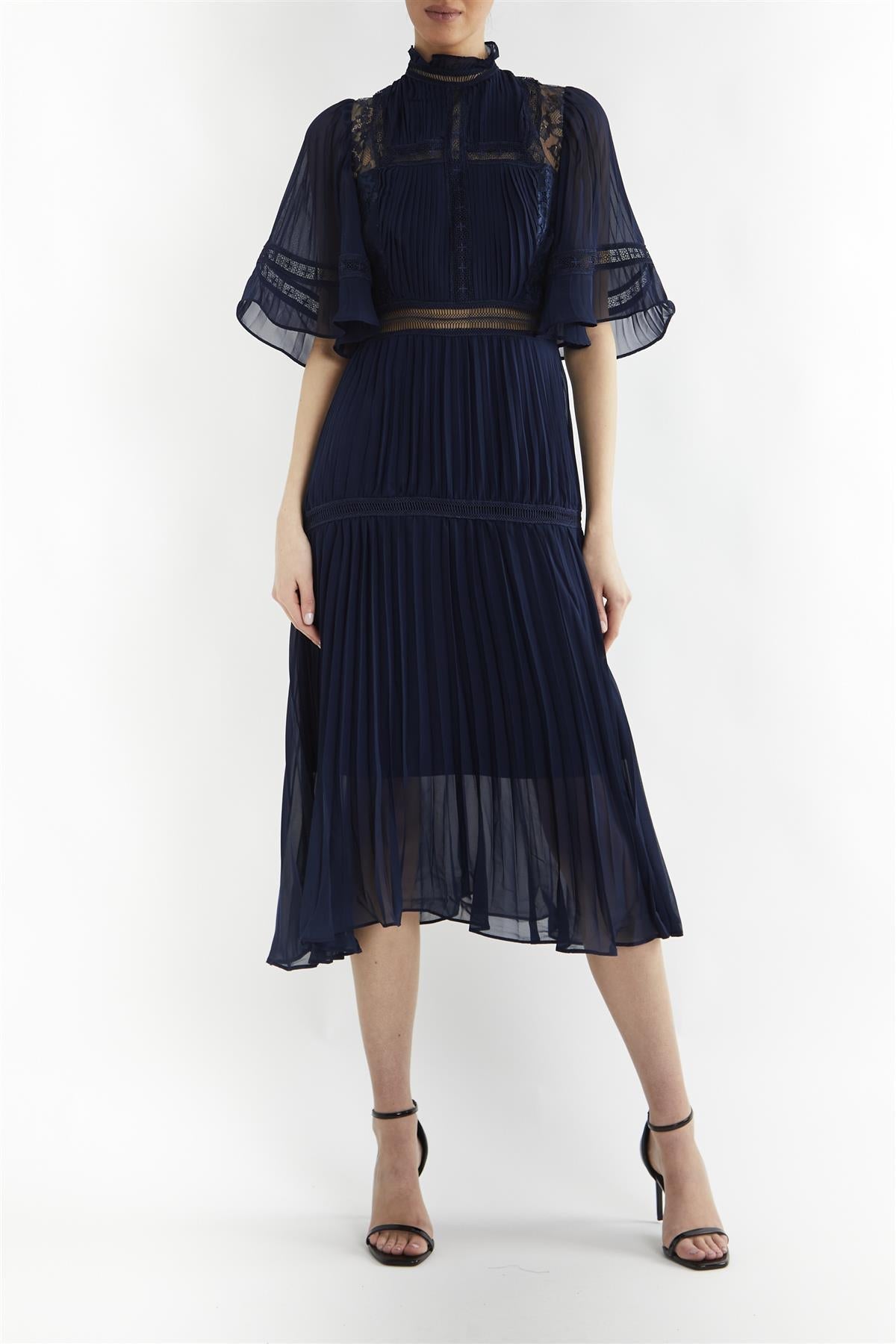 true Decadence Ellie Navy Mixed Lace Pleated Midi Dress