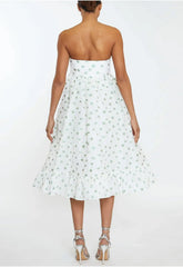 True Decadence Chloe White-Green Organza Bandeau Ruffle Hem Midi-Dress