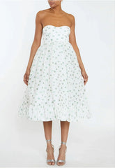 True Decadence Chloe White-Green Organza Bandeau Ruffle Hem Midi-Dress