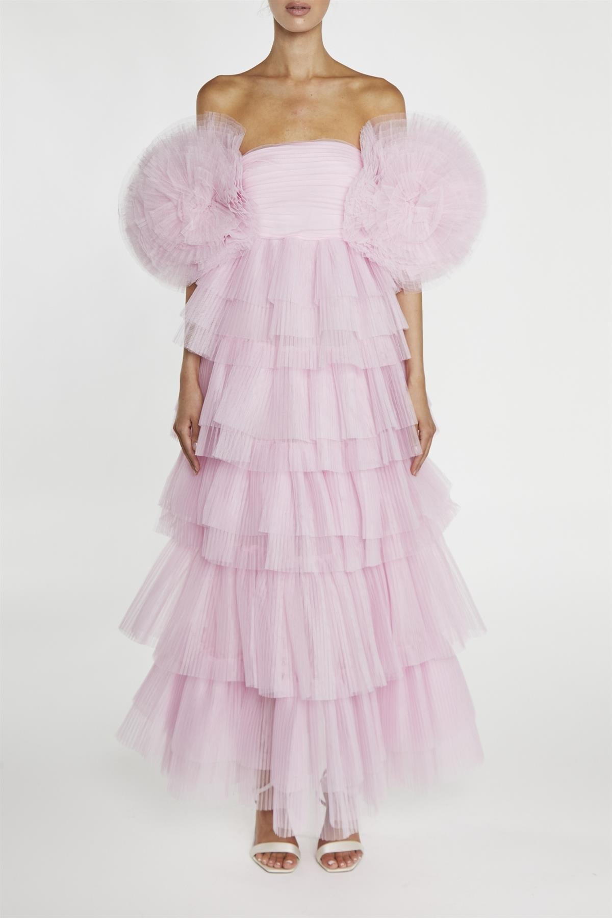 true Decadence Nancy Powder-Pink 3D Flower Sleeve Tiered Maxi Dress
