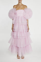 true Decadence Nancy Powder-Pink 3D Flower Sleeve Tiered Maxi Dress