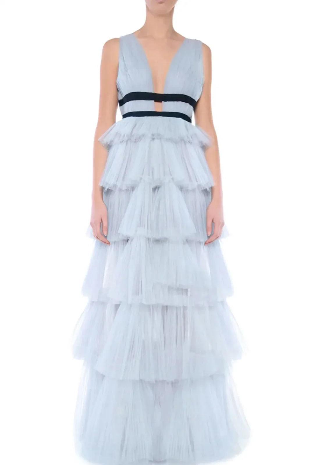 True Decadence Eliza Dusty Blue Plunging Neck Layered Tulle Skirt Maxi-Dress