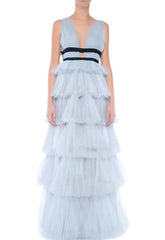 True Decadence Eliza Dusty Blue Plunging Neck Layered Tulle Skirt Maxi-Dress