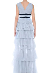 True Decadence Eliza Dusty Blue Plunging Neck Layered Tulle Skirt Maxi-Dress