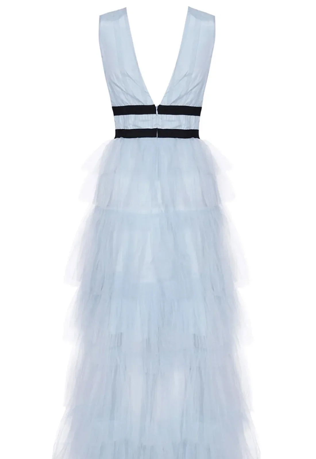 True Decadence Eliza Dusty Blue Plunging Neck Layered Tulle Skirt Maxi-Dress