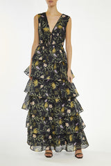 True Decadence Black-Stem Genevieve Nature-Floral Tiered Maxi-Dress