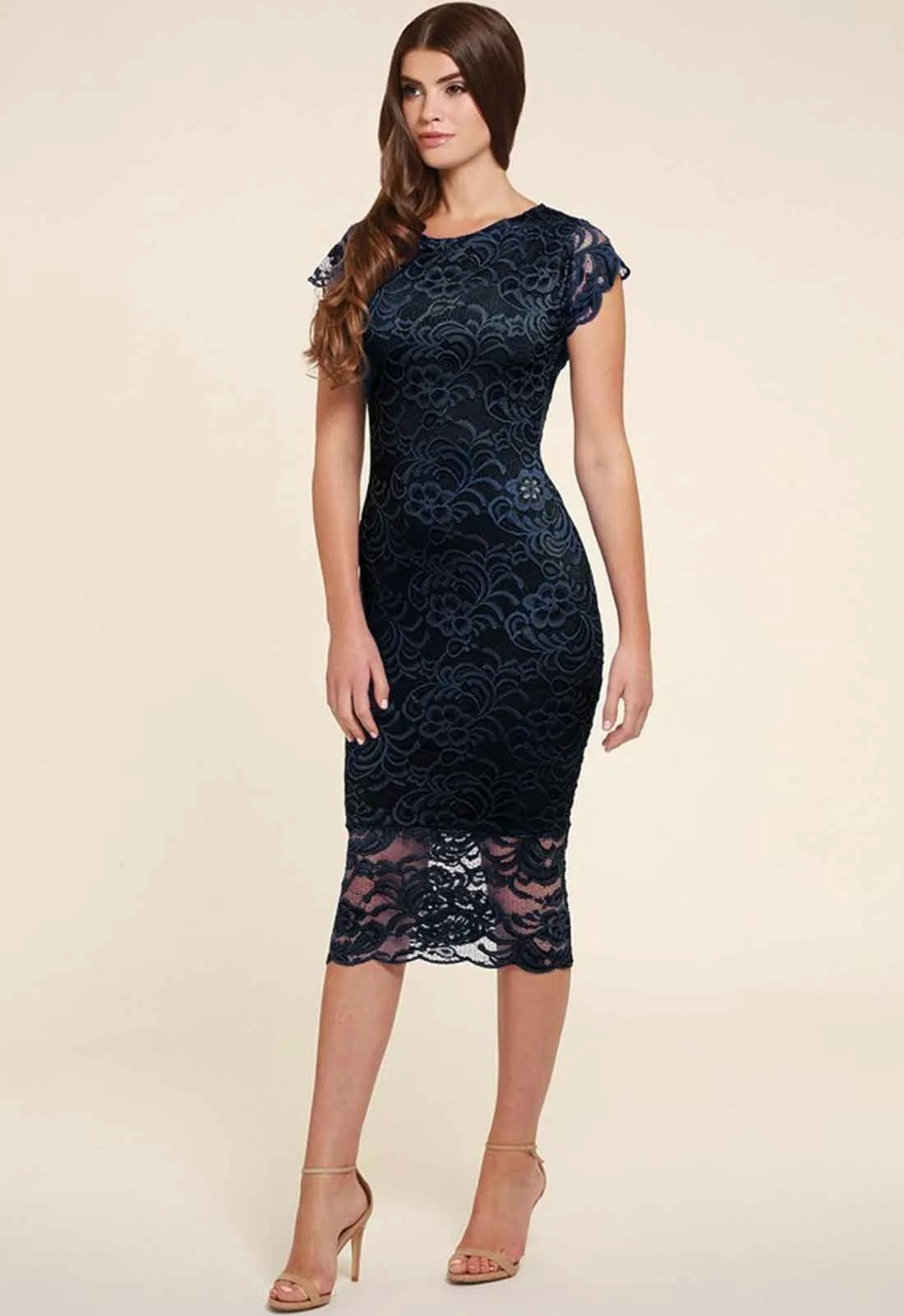 Honor Gold Faye Backless Lace Midi Dress in Navy