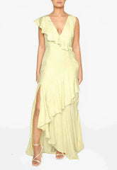True Decadence Yellow Satin Layered Maxi Dress