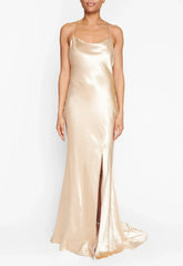 True Decadence Champagne Satin Slip Maxi Dress
