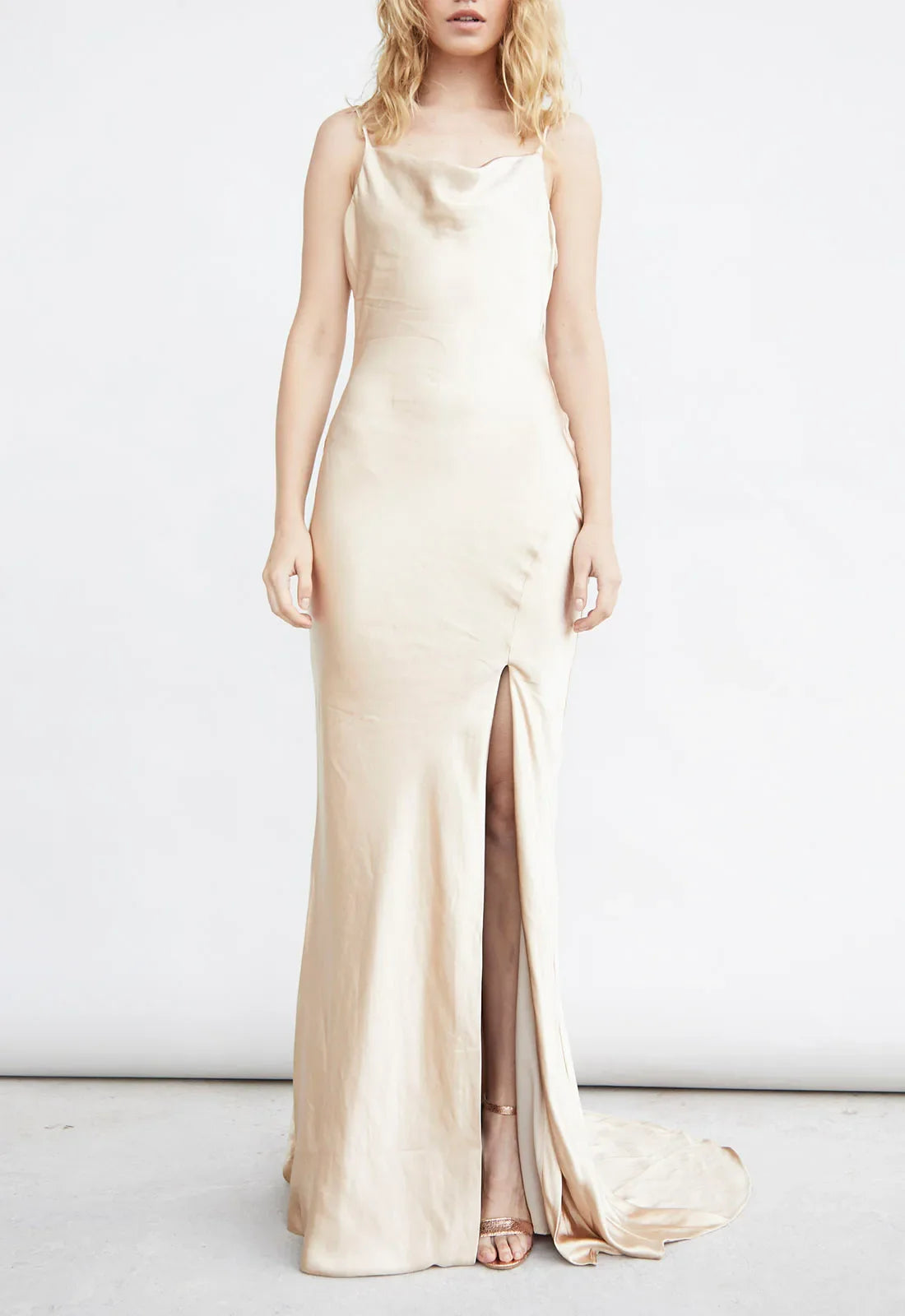 True Decadence Champagne Satin Slip Maxi Dress