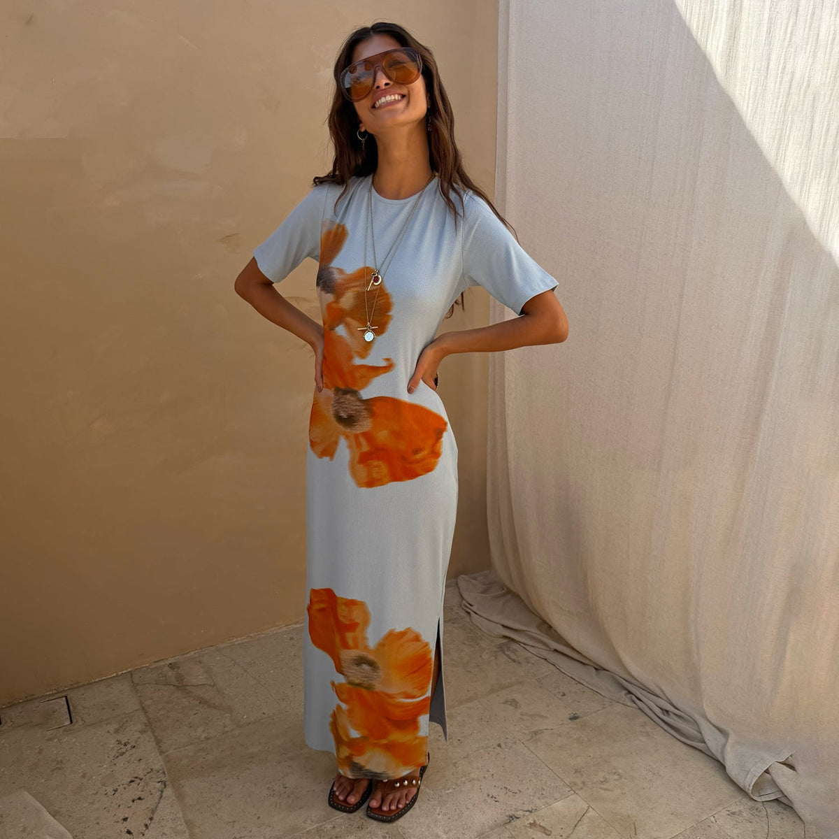 Ice Blue Floral Rib Dress