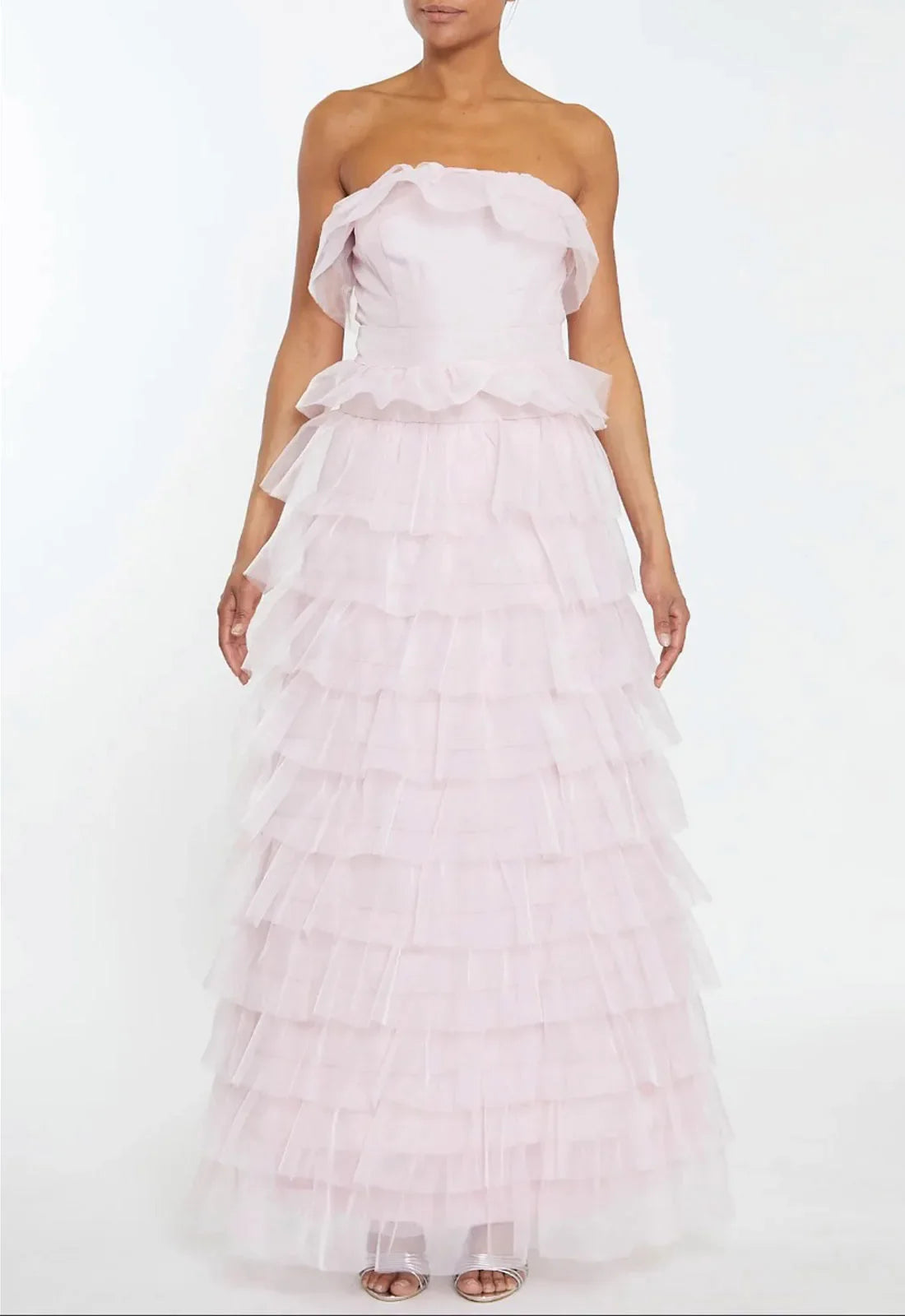 True Decadence Kennedy Pale Pink Tiered Ruffle Bandeau Maxi Dress